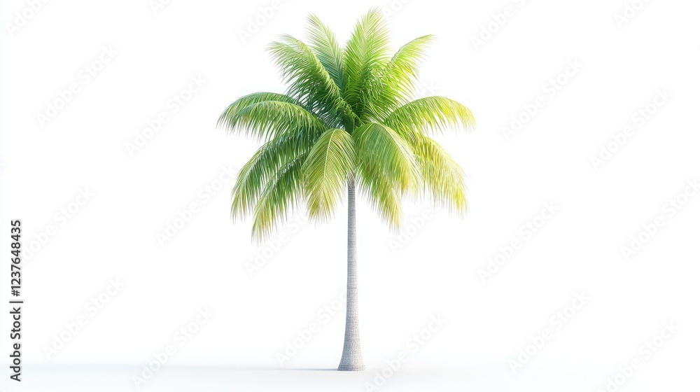 Obraz premium Lush green palm tree on white background, ideal for tropical vacation brochures