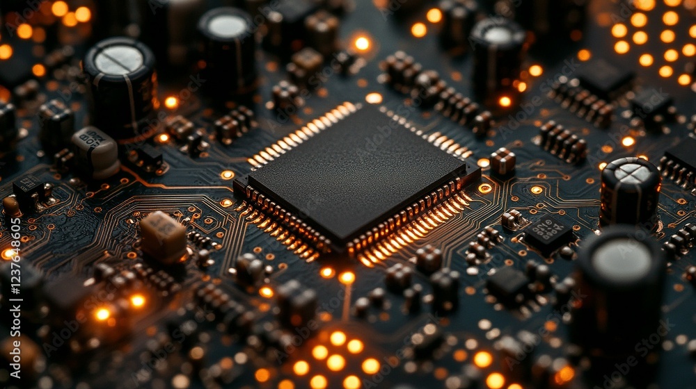Illuminated Microchip Circuit Board Technology Closeup Illuminated Microchip Circuit Board Technology Closeup