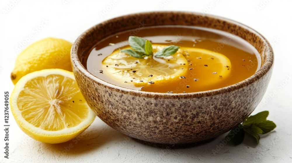A bowl of traditional soup served during Ramadan, with a garnish of lemon slices, isolated on a white background. A bowl of traditional soup served during Ramadan, with a garnish of lemon slices, isolated on a white background.
