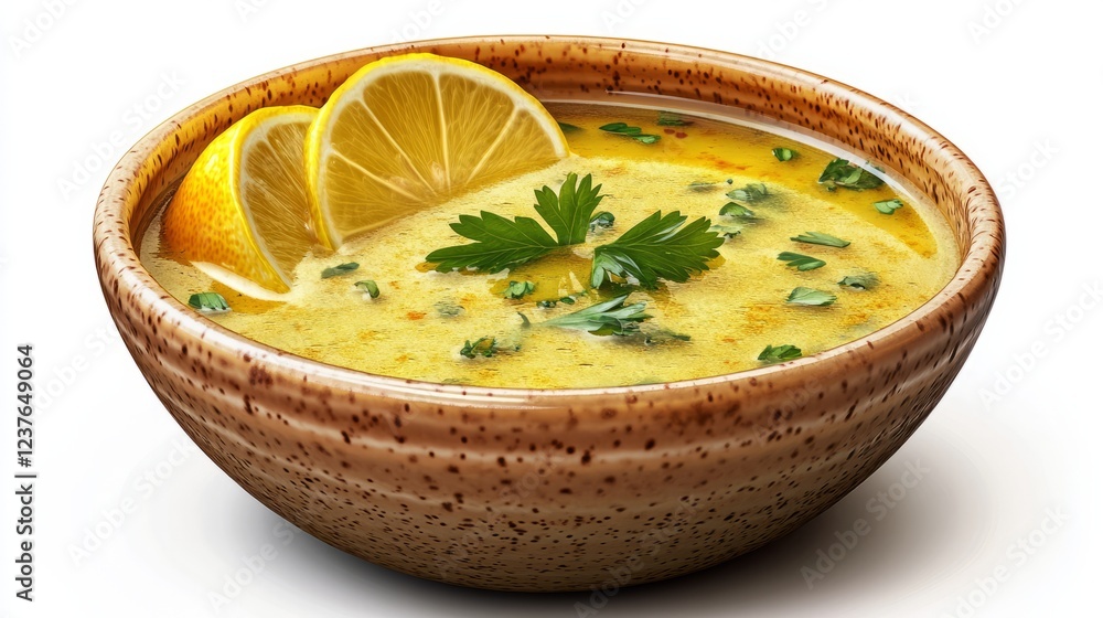 A bowl of traditional soup served during Ramadan, with a garnish of lemon slices, isolated on a white background. A bowl of traditional soup served during Ramadan, with a garnish of lemon slices, isolated on a white background.