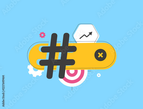 Hashtag marketing boosts viral campaigns and social media success. Strategic hashtag marketing tracking helps analyze trends, optimize SMM strategies, improve engagement. Isolated vector illustration