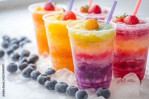 Frozen Rainbow Slush Drinks Chilling on Ice. Still Life Close Up of Colorful Rainbow Layered Frozen Fruit Slush Drinks Arranged on Ice Covered White Surface in Plastic Take Away Cups with Straws photo