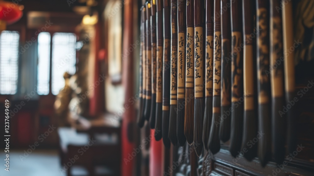 Obraz premium Ancient Chinese Calligraphy: A close-up view of intricately carved wooden sticks, showcasing traditional Chinese calligraphy in black ink.