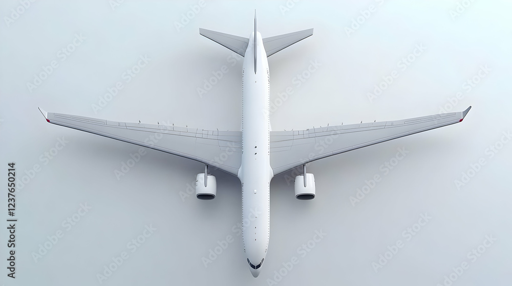 Airplane overhead view, white background, travel concept Airplane overhead view, white background, travel concept