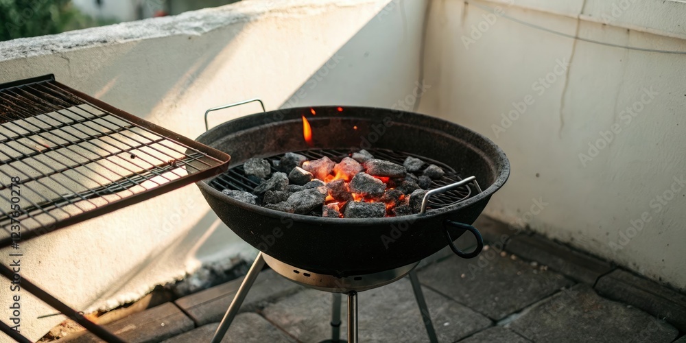 Hot ember charcoal in a portable barbecue grill with a glowing ember, BBQ grill, portabbe grill, outdoor cooking Hot ember charcoal in a portable barbecue grill with a glowing ember, BBQ grill, portabbe grill, outdoor cooking