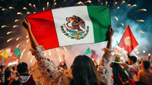 Mexican celebration with woman holding flag at night festival with fireworks Happy Cinco de mayo