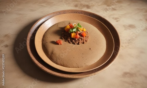 Injera on a round ceramic plate with a simple background, traditional Ethiopian dish, , injera photo