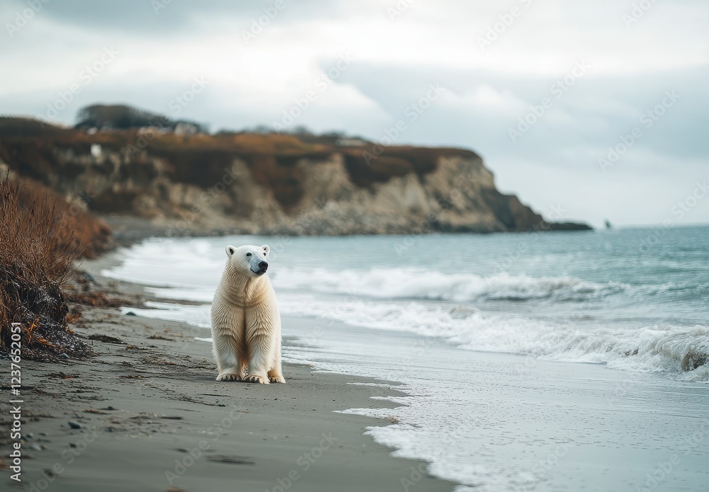 Polar Bear on Sandy Beach Near Ocean Waves with Scenic Cliffs Polar Bear on Sandy Beach Near Ocean Waves with Scenic Cliffs