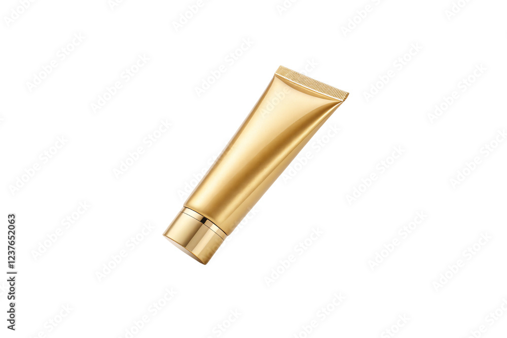 A glossy tilted gold tube with its cap perfectly intact, reflecting light elegantly, isolated on a transparent background. Perfect for skincare promotion A glossy tilted gold tube with its cap perfectly intact, reflecting light elegantly, isolated on a transparent background. Perfect for skincare promotion