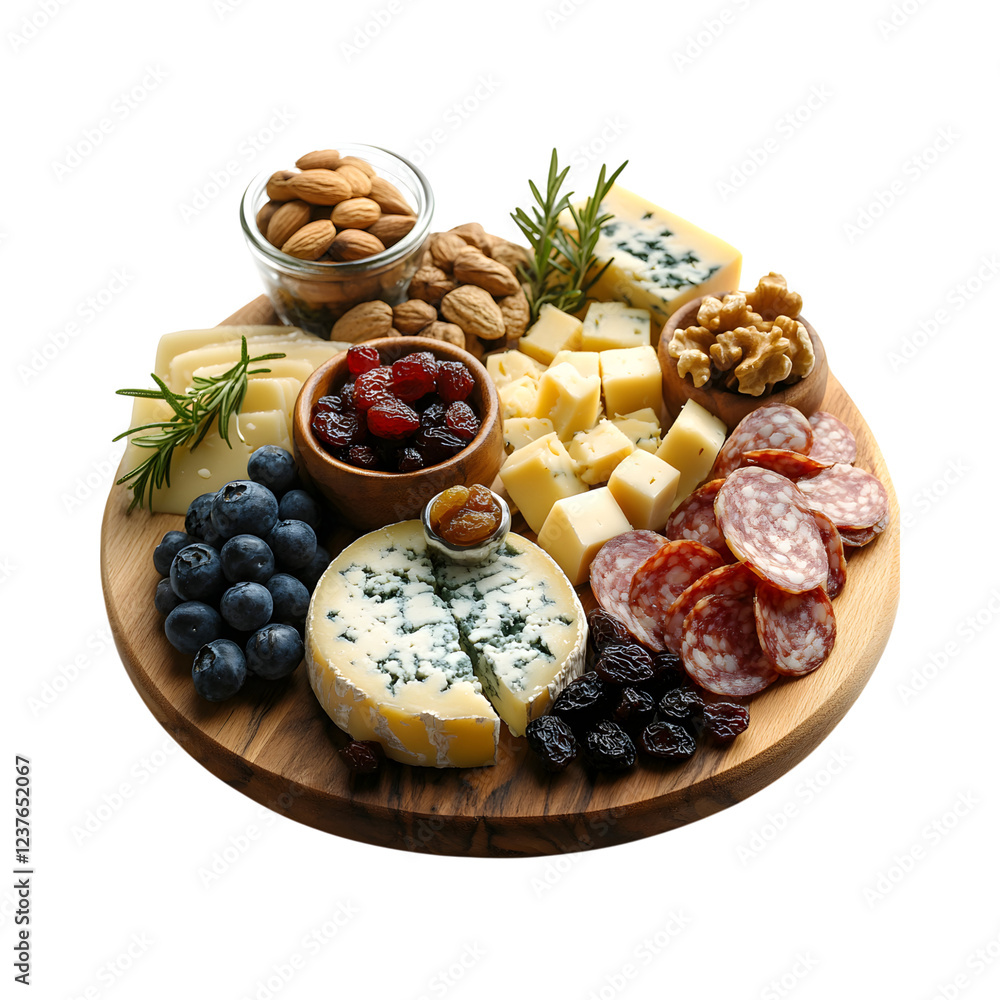 Wooden Board with Assortment of Cheeses, Nuts, and Grapes Isolated on Transparent Background Wooden Board with Assortment of Cheeses, Nuts, and Grapes Isolated on Transparent Background