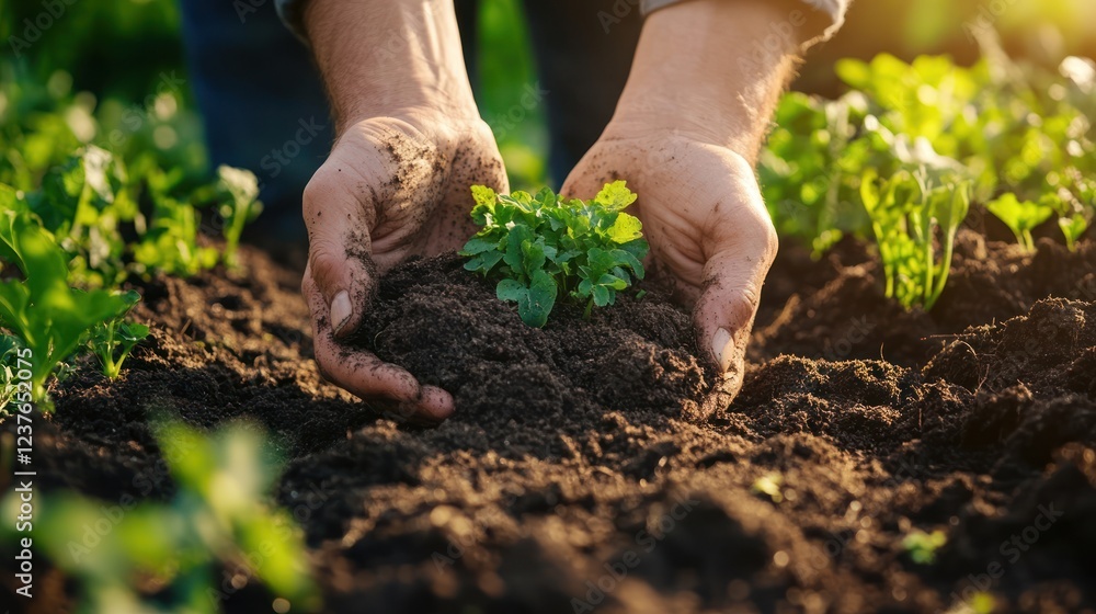 Farmer planting seedling in rich soil at sunset Farmer planting seedling in rich soil at sunset