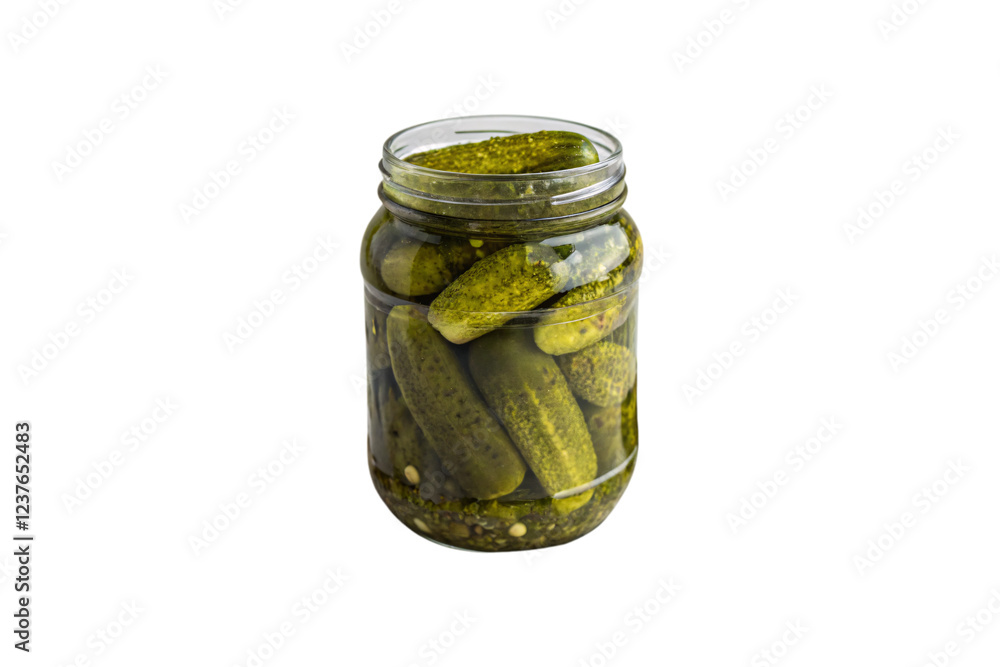 A jar showcasing pickles immersed in brine, with glistening cucumber skins and visible seeds settling at the bottom, isolated on a transparent background A jar showcasing pickles immersed in brine, with glistening cucumber skins and visible seeds settling at the bottom, isolated on a transparent background