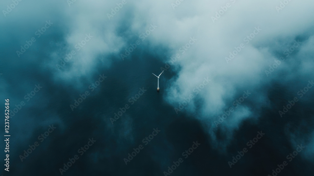 Aerial view of futuristic floating wind turbine surrounded by clouds over ocean, showcasing renewable energy innovation and serene nature Aerial view of futuristic floating wind turbine surrounded by clouds over ocean, showcasing renewable energy innovation and serene nature