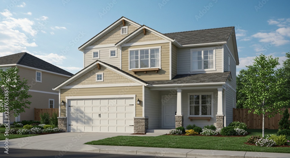 A modern two-story suburban house with beige siding, a two-car garage, landscaped yard, and a clear blue sky. A modern two-story suburban house with beige siding, a two-car garage, landscaped yard, and a clear blue sky.
