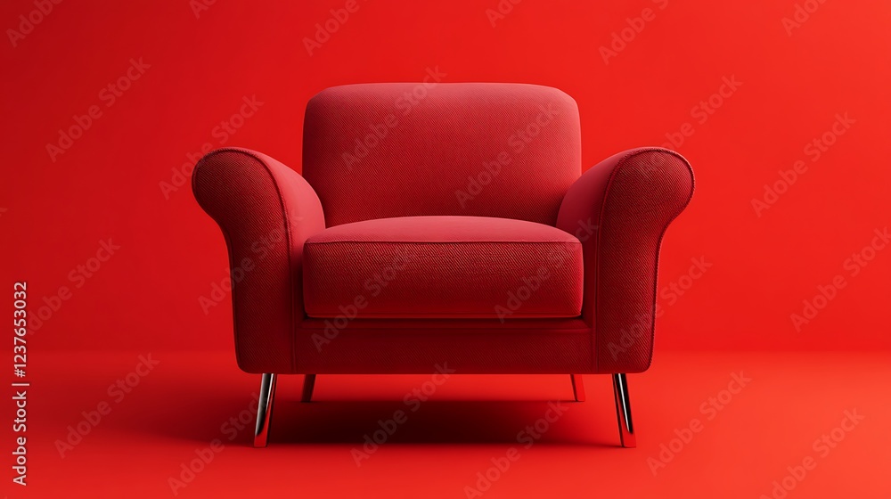 Red fabric armchair on a vibrant red background showcasing luxurious texture and comfortable design in high-definition detail Red fabric armchair on a vibrant red background showcasing luxurious texture and comfortable design in high-definition detail