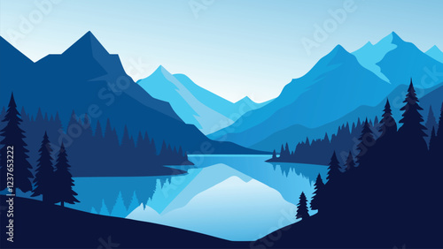  Calm lake bordered by rugged mountains and dense trees, creating a peaceful and scenic outdoor environment flat vector illustration.