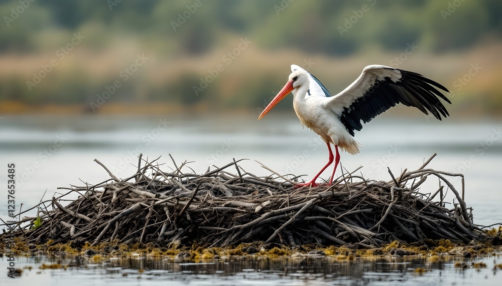 Fototapeta premium Wood Stork on Nest Lake Nature Wildlife Photography
