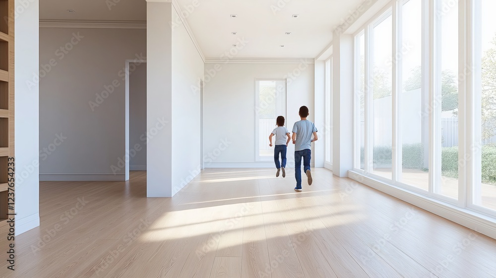 Fototapeta premium Kids running in joy through an new house towards window corridor