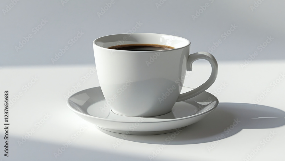 A realistic, high-resolution image of a white porcelain coffee cup resting on a matching saucer, set against a plain white background.
