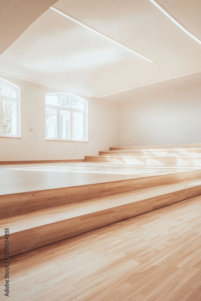Fototapeta premium An empty dance studio with bright, clean backgorund in minimalist design. A large stage is at the back of the room, with wooden steps leading up to it. 