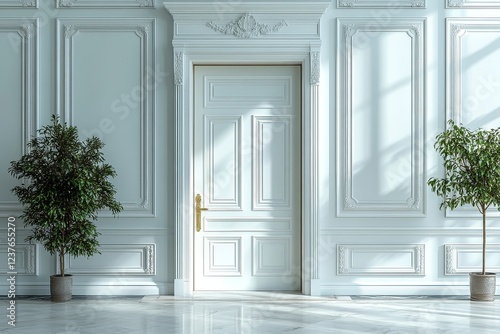 Minimalistic white room with open door and classic molding, clean design, high resolution.
