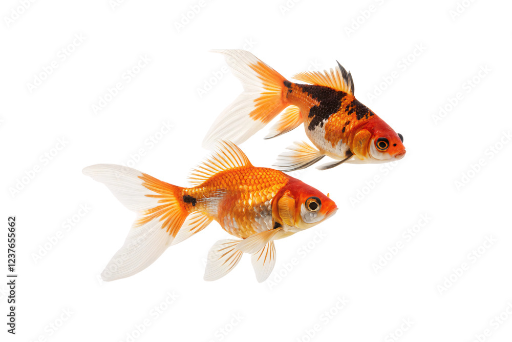 Two beautiful goldfish with flowing fins, featuring orange, white, and black patterns. Their tails are long and elegant, creating a graceful look, isolated on a transparent background Two beautiful goldfish with flowing fins, featuring orange, white, and black patterns. Their tails are long and elegant, creating a graceful look, isolated on a transparent background