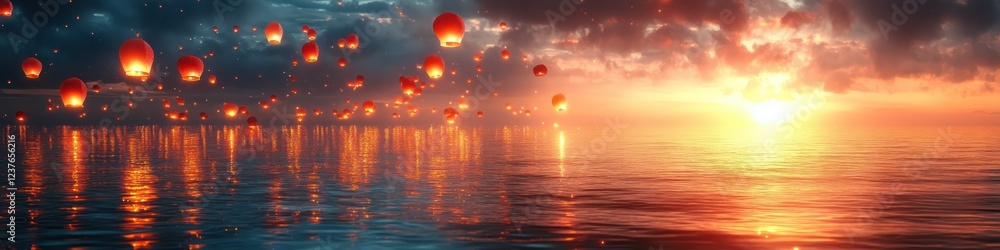 Obraz premium Enchanted Sunset: Sky Lanterns Dance on Calm Waters
