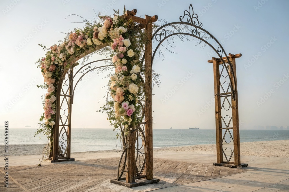 Fototapeta premium Metal and wood fusion wedding archway adorned with flowers and vines, outdoor wedding decor, metal and wood fusion, vines, floral decorations