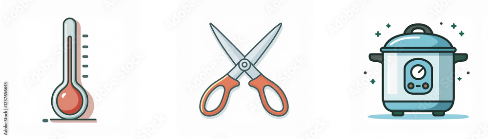 Simple icons depict a thermometer, scissors, and a pressure cooker; suggesting preparation and measurement in cooking. Simple icons depict a thermometer, scissors, and a pressure cooker; suggesting preparation and measurement in cooking.