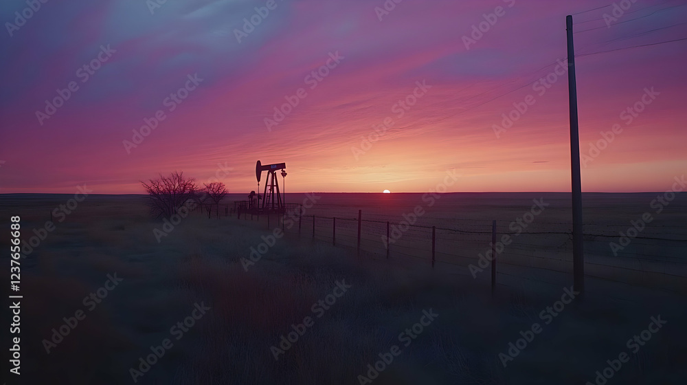 Sunrise over oil field, pumpjack silhouette Sunrise over oil field, pumpjack silhouette