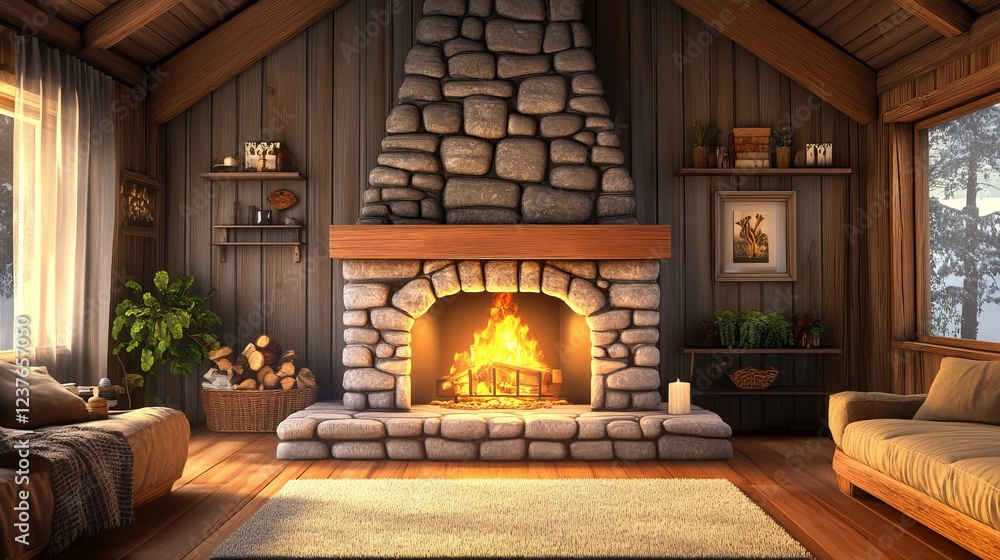 Cozy Cabin Scene With A Warm, Inviting Fireplace, Perfect For A Relaxing Winter Evening. The Wooden Beams And Stone Fireplace Create A Rustic Atmosphere. Cozy Cabin Scene With A Warm, Inviting Fireplace, Perfect For A Relaxing Winter Evening. The Wooden Beams And Stone Fireplace Create A Rustic Atmosphere.