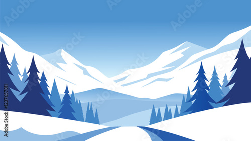 Snowy forest scene featuring trees blanketed in fresh, white snow, creating a tranquil winter landscape flat vector illustration