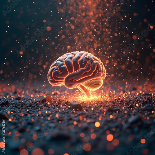 A digital landscape where particles of light float and collide, representing the electrical activity of the human brain