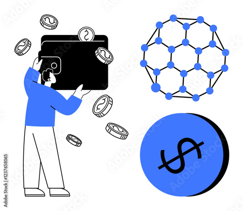 Person holding a digital wallet, coins floating around, blockchain network icon, dollar sign button. Ideal for finance, technology, cryptocurrency, digital savings, decentralization blockchain