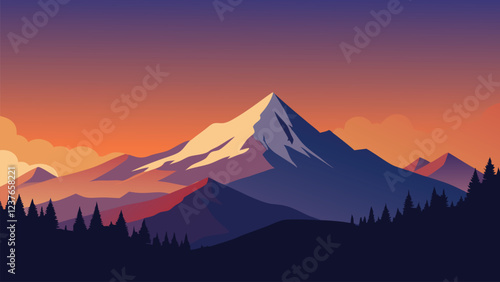 Tranquil snowy mountain vista under a colorful sunset, highlighting the peacefulness of the winter landscape flat vector illustration