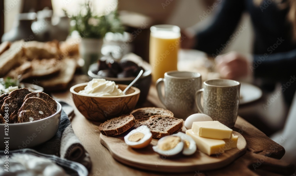 Traditional scandinavian breakfast with bread, salted herring or mackerel, fish, boiled eggs and dairy products, family breakfast, nostalgic cozy style, AI generated photo Traditional scandinavian breakfast with bread, salted herring or mackerel, fish, boiled eggs and dairy products, family breakfast, nostalgic cozy style, AI generated photo