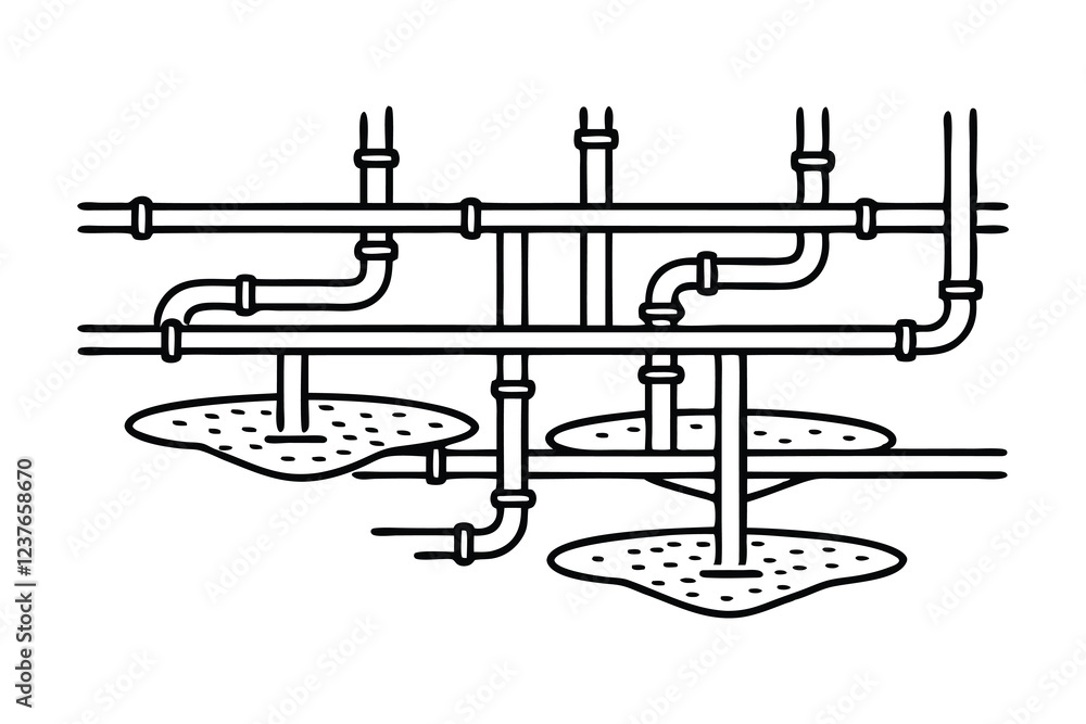 Various pipes and valves interconnected in an industrial setting Hand drawn line art vector illustration Various pipes and valves interconnected in an industrial setting Hand drawn line art vector illustration