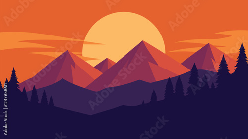 Vibrant landscape painting featuring mountains, trees, and a radiant sun illuminating the scene flat vector illustration.