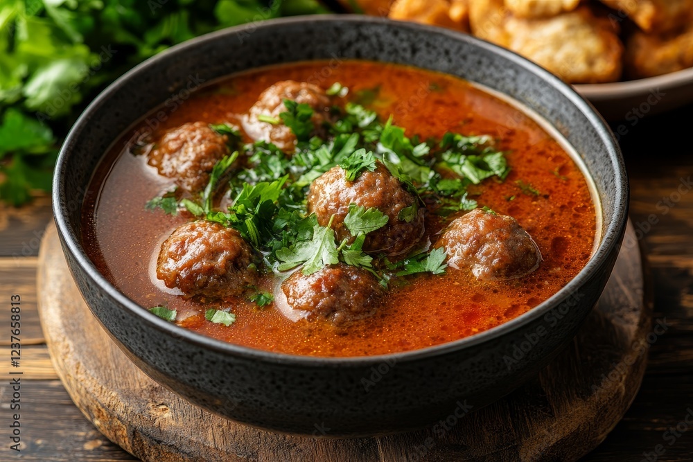 Spicy Meatball Soup, Wooden Table, Cilantro Garnish, Food Photography Spicy Meatball Soup, Wooden Table, Cilantro Garnish, Food Photography