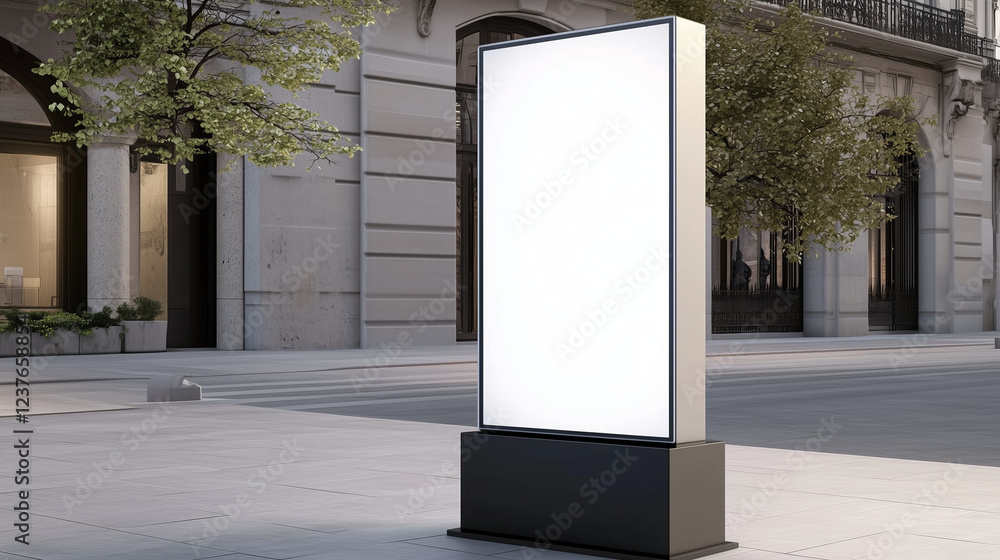 Modern digital display screen on black pedestal in urban plaza, featuring a sleek silver frame and blank screen. Surrounded by stone-faced building, large dark windows, and leafless trees, with light Modern digital display screen on black pedestal in urban plaza, featuring a sleek silver frame and blank screen. Surrounded by stone-faced building, large dark windows, and leafless trees, with light