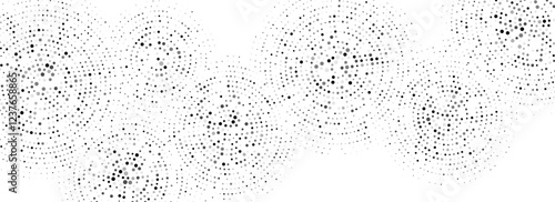 Black dotted concentric circles pattern. Radial halftone abstract wallpaper. Rippled sound wave rings background. Tech circular particles texture for banner, poster, presentation. Vector backdrop