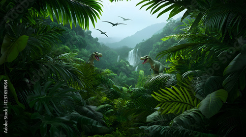 Fototapeta Naklejka Na Ścianę i Meble -  Lush Tropical Jungle with Dinosaurs and Mountains in Background