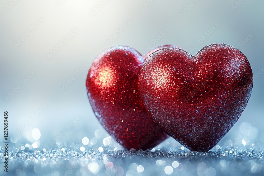 Fototapeta premium Two red hearts on the right side of the picture with a white and silver glittery background, blurred bokeh effect, and sparkling for a Valentine's Day theme.
