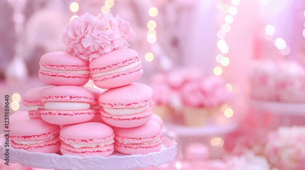 Pink Macarons Tower Dessert Table Festive Lights Pink Macarons Tower Dessert Table Festive Lights
