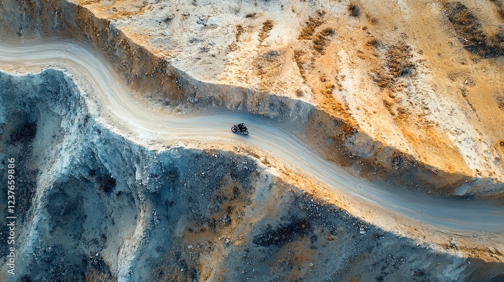 A drone shot of a winding road with a lone motorcyclist traveling through mountains A drone shot of a winding road with a lone motorcyclist traveling through mountains