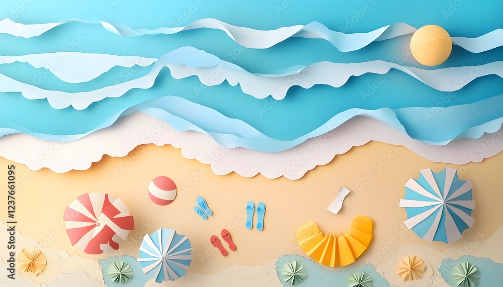 Paper art depicts a summer beach scene with waves and beach accessories Paper art depicts a summer beach scene with waves and beach accessories