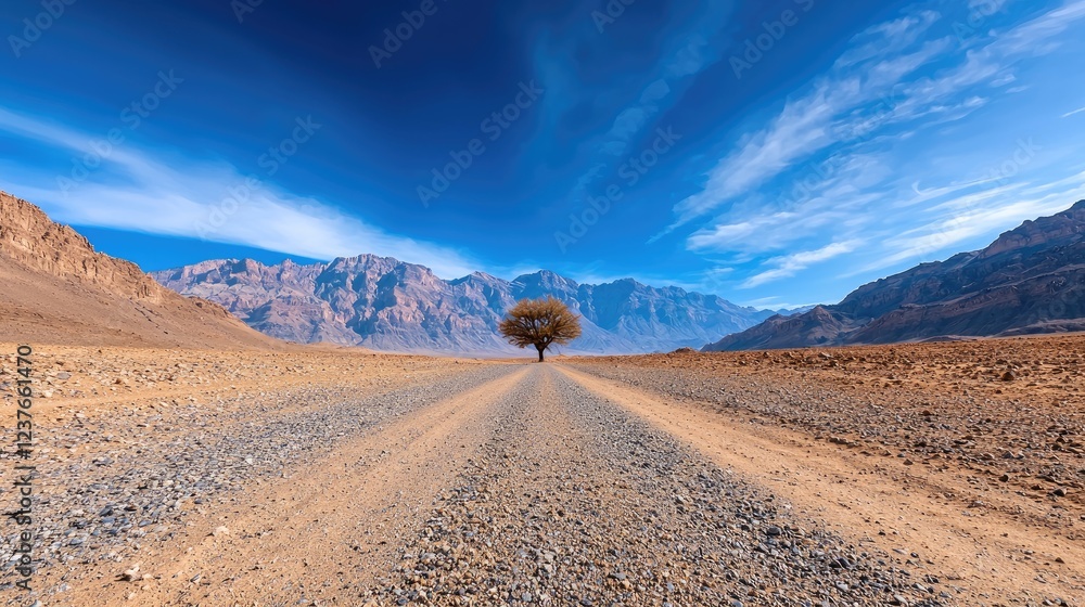 Fototapeta premium Lone tree desert road, mountains backdrop, travel scenic