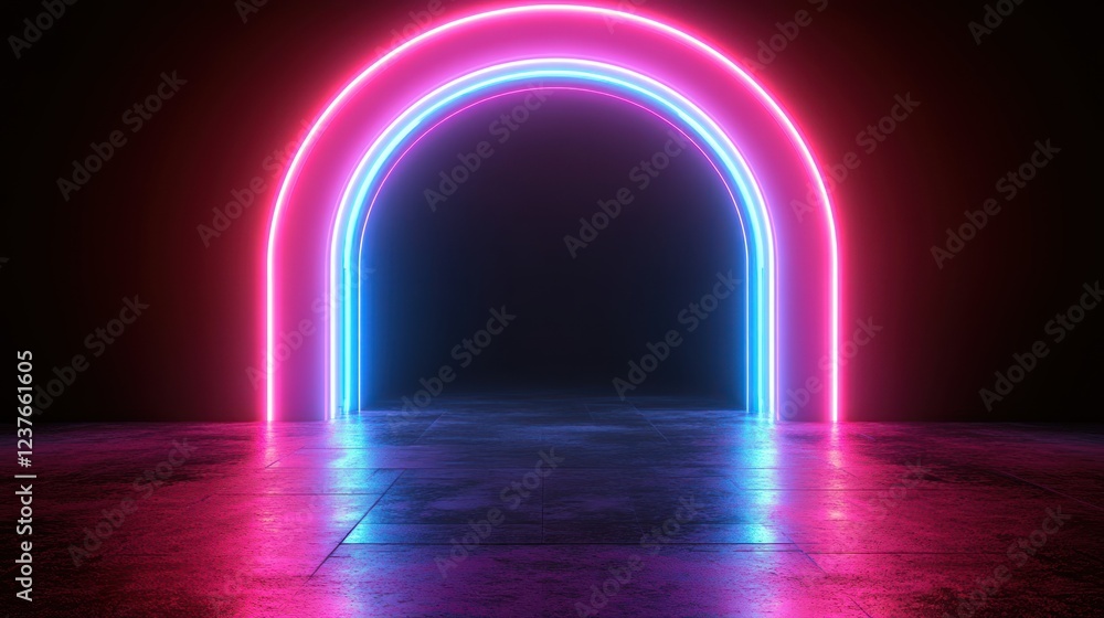 Neon archway glowing in dark room, reflecting on floor, futuristic backdrop Neon archway glowing in dark room, reflecting on floor, futuristic backdrop
