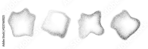 Fluid dotted gradient drop shapes. Black stippled liquid object set. Grainy spray spots and stains. Noise splashes and splatters forms. Dissolve sand dust texture. Vector fading halftone elements