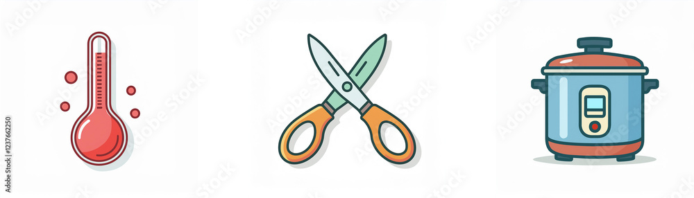 Simple icons depicting a thermometer, scissors, and a rice cooker. These tools represent measuring, cutting, and cooking. Simple icons depicting a thermometer, scissors, and a rice cooker. These tools represent measuring, cutting, and cooking.